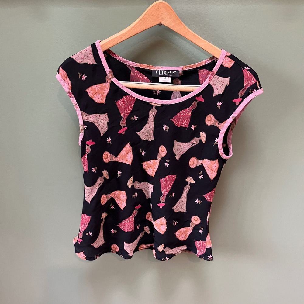 Citron Santa Monica Women's Black Pink Floral Dress Graphic Cap Sleeve Top M y2k